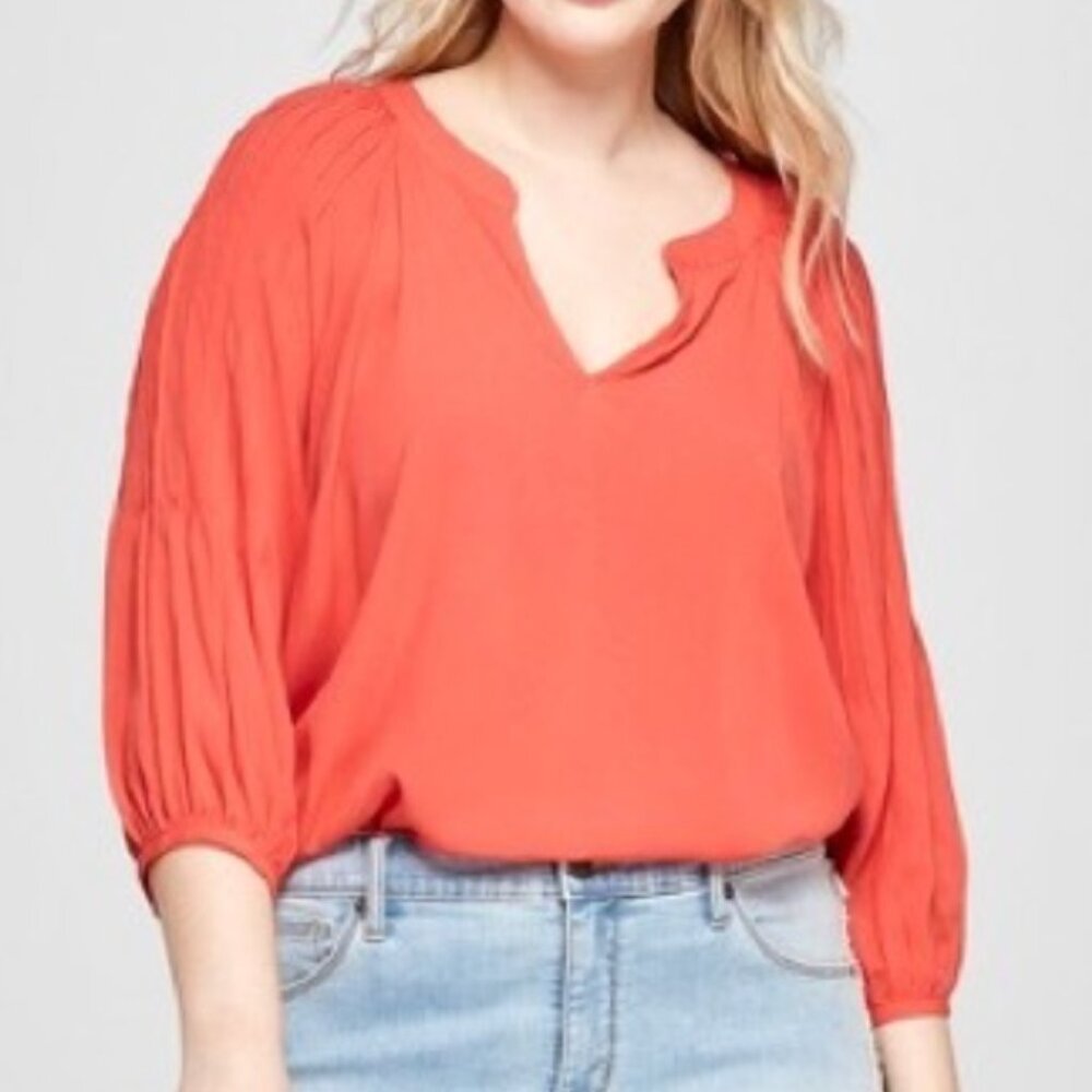 NEW NWT AVA & VIV Plus Size Pleated 3/4 Sleeve Peasant Blouse Coral Orange Tunic